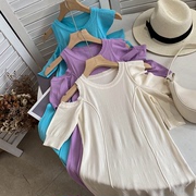紫色圆领露肩短袖连衣裙，日常懒散风，针织长裙时尚休闲洋气