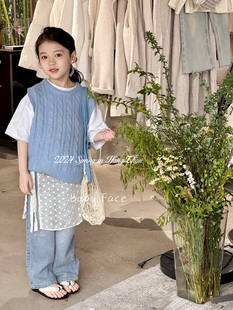 韩国童装女童时尚麻花针织，马甲女宝宝洋气蕾丝，纱裙屁帘牛仔直筒裤