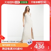 香港直邮潮奢asos女士设计亚麻，v领长款连衣裙背心，裙(自然色)