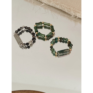 新中式~竹节串珠戒指女绿色，天然石头显白弹力，指环气质百搭设计感