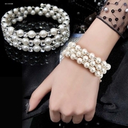 手环手饰品时尚多层珍珠镶钻缠绕螺旋手链女韩版新娘宽版珍珠手镯