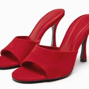 西班牙2023夏家红色一字绒面，性感女鞋质感外穿穆勒细高跟凉拖