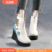 超高跟厚底时尚民族风女靴子坡跟防水台短绒棉靴冬花朵女靴筒女士