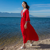 民族风大红色中长裙女波西米亚沙滩，裙度假气质减龄连衣裙