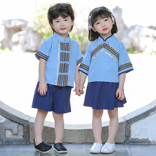 三月三男童少数民族服装女童汉服国风夏季儿童唐装套装壮族表演服