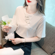 新中式盘扣衬衫女夏季薄款复古汉元素国风泡泡袖短款白色立领上衣