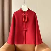 新中式国风盘扣双面羊绒大衣女，秋冬小个子红色短款羊毛呢外套
