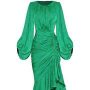 早春复古提花褶皱抽绳荷叶边修身圆领灯笼袖绿色连衣裙中长裙纯色