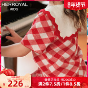 HERROYAL2023女童秋装连衣裙针织格纹蝴蝶结短袖儿童裙子洋气亲子