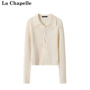 拉夏贝尔/La Chapelle秋季修身显瘦毛衣复古翻领麻花设计针织衫女