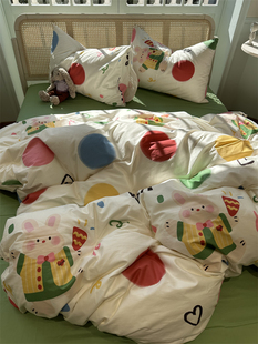 卡通小兔纯棉彩色波点床上四件套全棉1.5m1.8被套床单少女心卡通