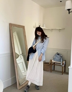 韩国法式清新简约浅蓝色长袖衬衫配刺绣棉质白色伞裙