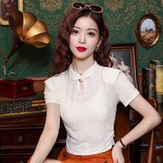 夏季新中式国风盘扣绣花T恤衫女装短袖修身显瘦甜美雪纺上衣