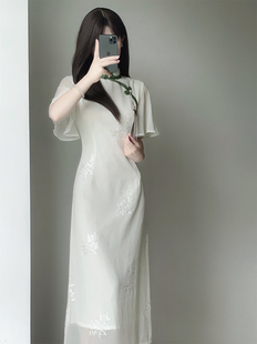 白色雪纺绣花倒大袖，旗袍2023年夏季新中式国风少女温婉淑女连衣裙