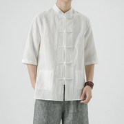 日系新中式复古唐装中国风亚麻衬衫男长袖棉麻立领中山短袖衬衣男