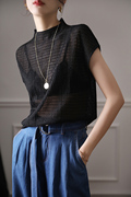 黑色镂空针织衫女设计感小众薄款法式气质立领针织上衣短袖t小衫