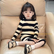 女童连衣裙2023秋季韩版中小童长袖针织裙洋气条纹毛衣长裙子