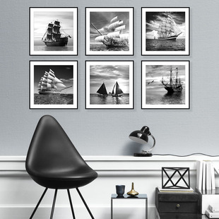 办公室装饰画黑白挂画现代简约北欧风帆船，壁画卧室床头客厅墙画