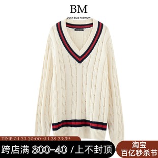 BM Fashion复古学院风拼色条纹V领bm毛衣上衣麻花针织外套女