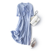 知性柔美清新减龄蝴蝶结系带领 蓝白条纹短袖中长款衬衫裙连衣裙