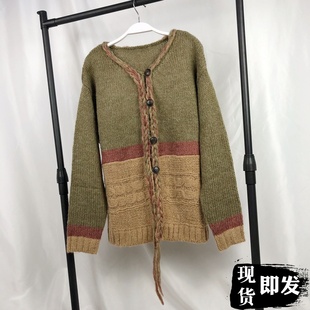 roundshopdu家设计古着感门襟，编织羊毛毛衣开衫，外套小众自留款