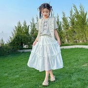 韩范女童夏装套装裙子，2024洋气女大童短袖，马甲三件套夏款长裙