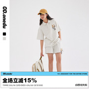 OD 卡通刺绣POLO领短袖T恤女两件套宽松学院风运动休闲短裤套装潮