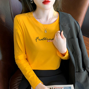 黄色长袖t恤女春秋冬季2024韩版内搭打底衫，宽松纯棉上衣ins潮