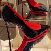 CL同款水钻红底高跟鞋镭射红婚鞋细跟红内里黑色9cm单鞋女