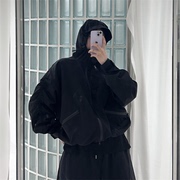 韩国男女潮流不对称拉链设计感重工褶皱OS连帽冲锋衣夹克外套