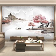 新中式远山森林电视壁布客厅，沙发水墨山水壁画，8d万紫千红背景墙布