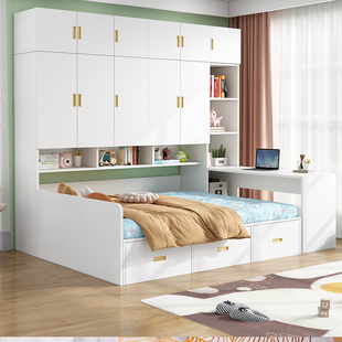 衣柜床一体榻榻米小户型，简约现代儿童床多功能，储物书桌书柜组合床