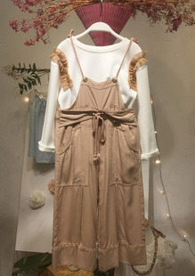 出口韩国春夏季女童白色，长袖t恤杏色，阔腿裤子气质2件套装