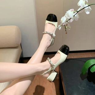 法式玛丽珍鞋2023夏季高跟鞋，粗跟小皮鞋复古拼色气质仙女凉鞋