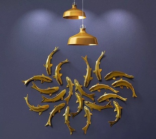 北欧创意金色陶瓷鱼群酒店餐厅，玄关背景墙面壁挂装饰软装九鱼搭配