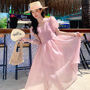 法式欧根纱粉色连衣裙，女2023夏季气质，显瘦仙气两件套公主裙子