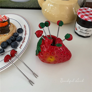 爱心水果叉不锈钢草莓造型家用客厅，儿童可爱水果签蛋糕零食小叉子