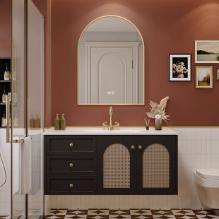 定制中古法式复古橡木浴室柜，组合藤编实木卫生间洗漱台一体陶瓷盆