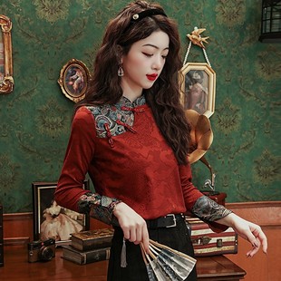 新中式刺绣盘扣长袖衬衫女春季国风提花，立领雪纺小衫高级红色上衣