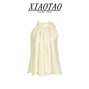 xiaotao法式系带蝴蝶结挂脖衬衫，女夏设计感宽松气质，无袖雪纺上衣