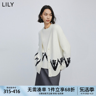 LILY2024春女装绵羊毛时尚复古提花气质通勤叠穿针织开衫外套