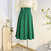 法式复古绿色高腰半身裙女夏中长款a字大摆伞裙显瘦气质西装长裙