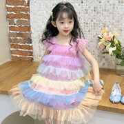女童彩虹连衣裙韩版夏季吊带，公主纱裙儿童生日彩色tutu蛋糕裙