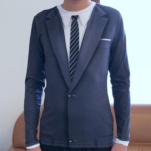 聚会3d男士创意假两件印花t恤恶搞个性西装领带图案长袖衣服