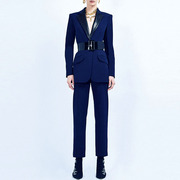 2024欧美时尚PU皮西装领系腰带中长款西装藏蓝色长裤两件套女