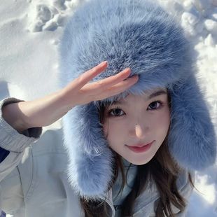 军大衣帽子雷锋帽蓝色，仿貂绒女冬毛绒绒北方滑雪防寒保暖护耳帽