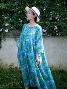 鸢尾-蓝小素原创夏季苎麻印花宽松袍子，小众复古连衣裙0425