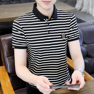 黑白条纹短袖t恤男夏季高端纯棉polo衫，有领体恤青年半袖上衣