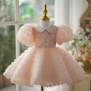 女童礼服公主裙粉色蓬蓬裙，生日主持人走秀钢琴，演出服洋气花童短裙