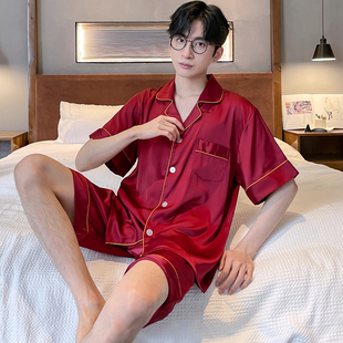 睡衣男士夏季丝绸冰丝，短袖短裤仿真丝质，男款夏天夏款本命年大红色